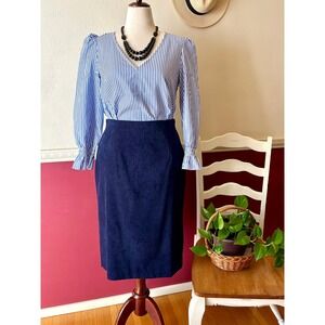 Vintage Leslie Fay Navy Blue Faux Suede Pencil Skirt Size 12 Elastic Back Midi